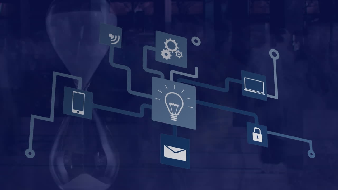 Animation of network of communication and media icons over egg timer
