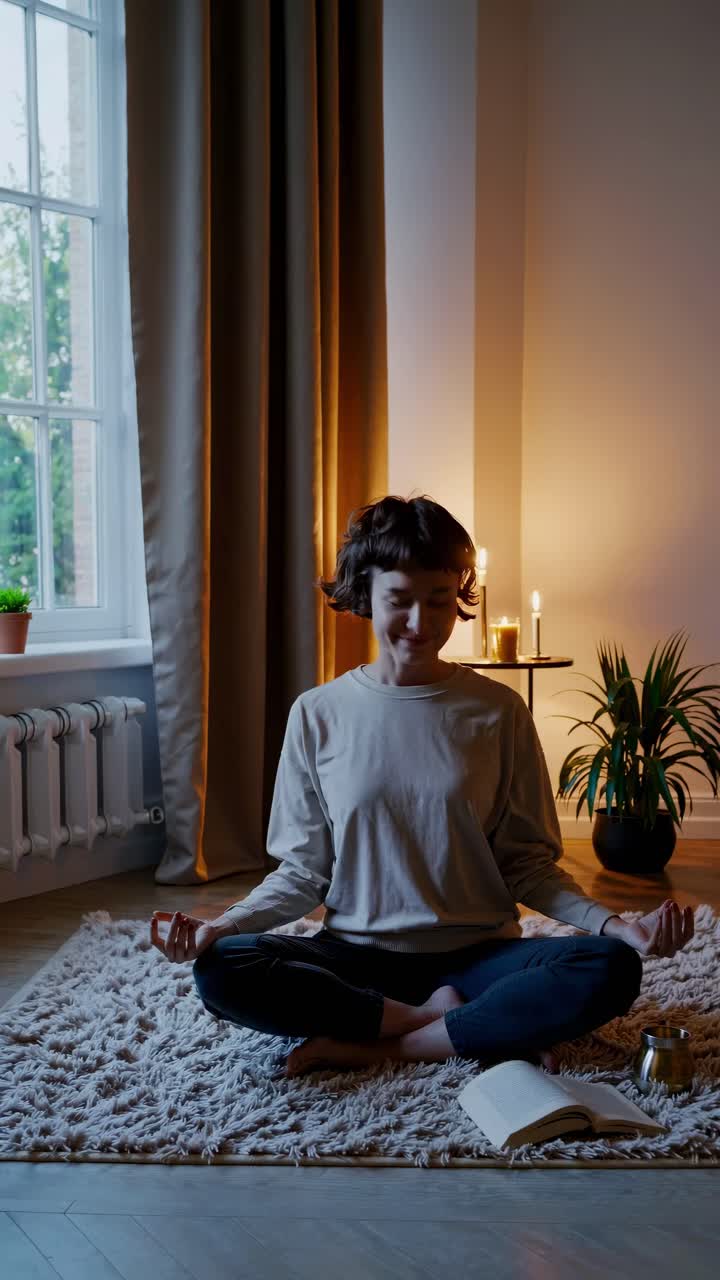 A serene video scene of a woman meditating in a cozy room