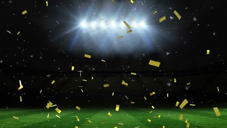 animation of golden confetti falling against sports field and floodlights