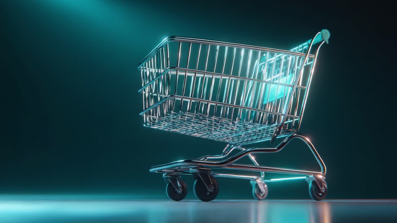A Sleek, Modern Shopping Cart on a Futuristic Stage Bathed in Blue Light, Highlighting the Intersection of Retail and Technology in a Minimalist Environment