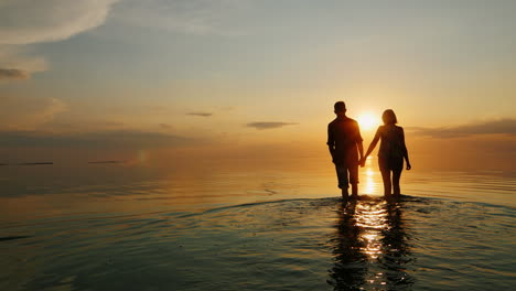 Ein-Mann-Und-Eine-Frau-Gehen-Bei-Sonnenuntergang-Ans-Meer-Und-Halten-Sich-An-Den-Händen-Silhouetten-Im-Licht-Der-Untergehenden-Sonne