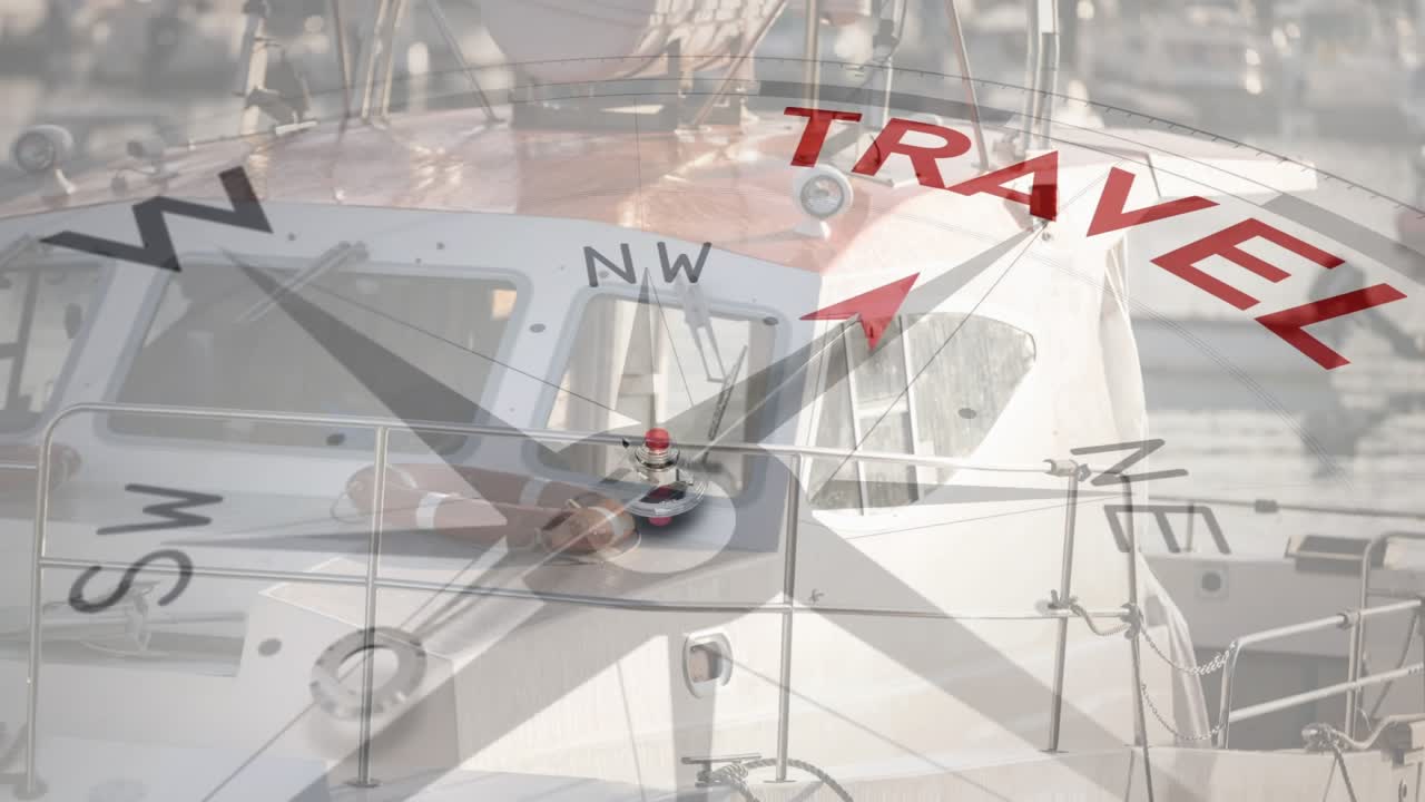 Animation of compass with arrow pointing to travel text over boat in harbour