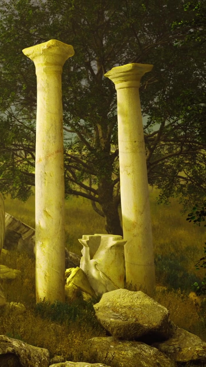 Antiche colonne di pietra si ergono in un campo verde vicino a un grande albero di sera.