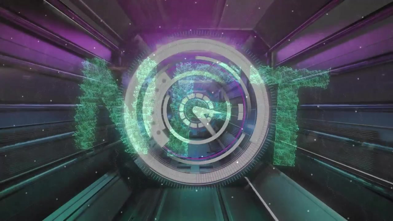 Animazione di testo NFT e orologio su tunnel al neon