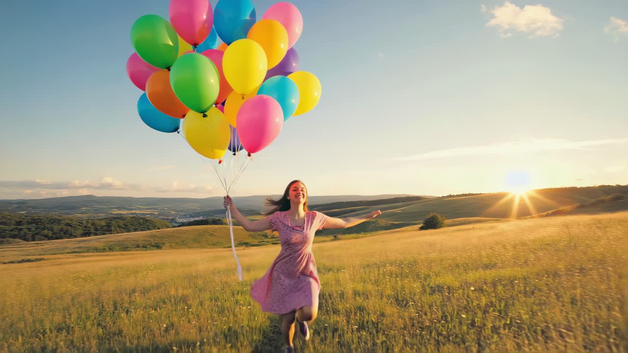 A woman running in a field with colorful balloons at sunset