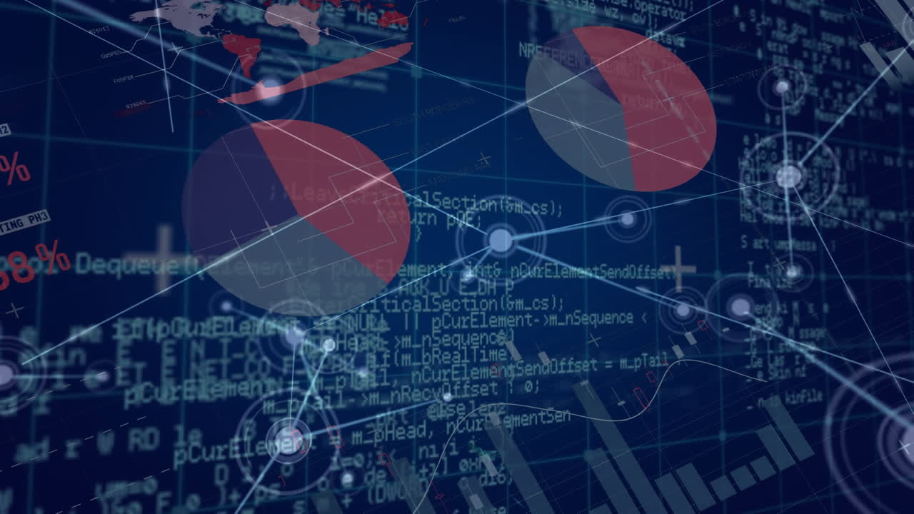 Animation of network of connections and data processing over grid network on blue background