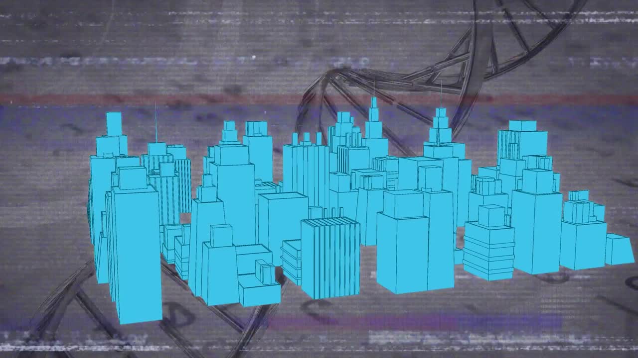 3d 도시 풍경 그림 위에 회전하는 dna 가닥의 애니메이션