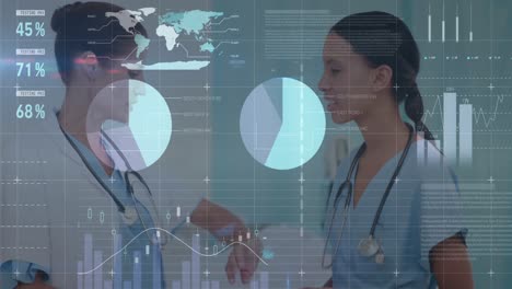 Animation-of-financial-data-processing-over-two-diverse-female-doctors