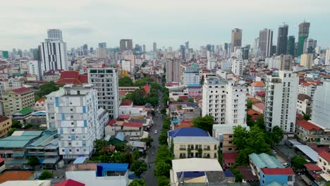 phnom penh cambodia, aerial over capital city residential buildings drone