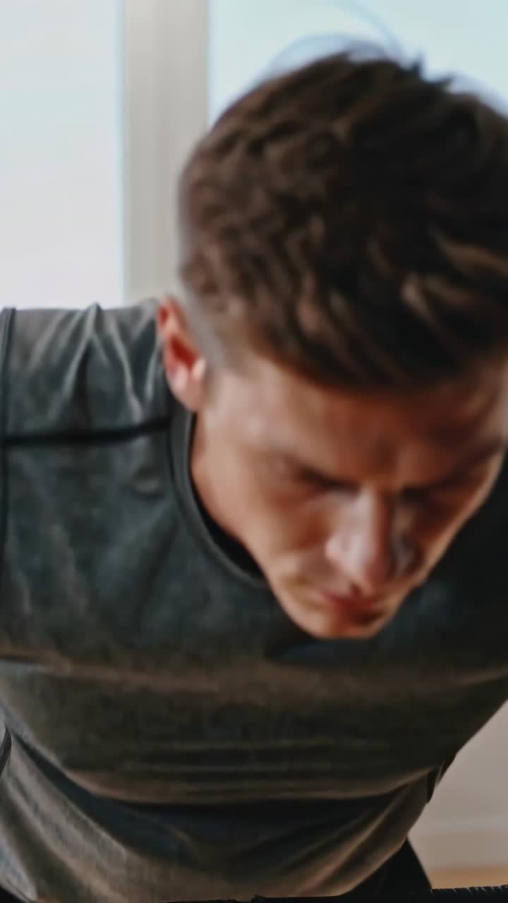 Vertical video: Lowering man in tank top doing dips from top for strength in gym, with padded bar