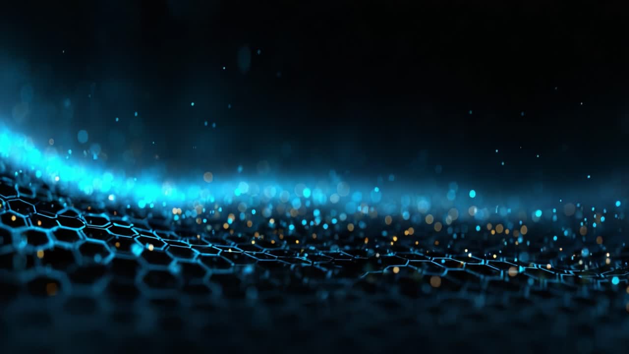 Stunning Visualization of Abstract Hexagonal Patterns with Dynamic Light Effects and Glittering Particles, Creating a Futuristic Atmosphere in Dark Background