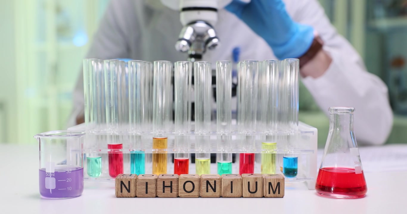 A laboratory setting featuring nihonium and various colorful chemical reactions and experiments