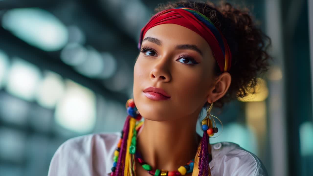 Ritratto accattivante di una giovane donna con accessori ed espressione vivaci in un ambiente urbano moderno, che mette in mostra uno stile e una personalità unici