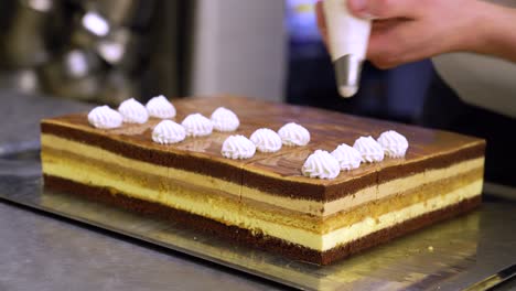 pastry chef squeezing white cream on top of pilvax cake