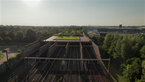 fly over railway train station of barendrecht, netherlands. aerial drone shot