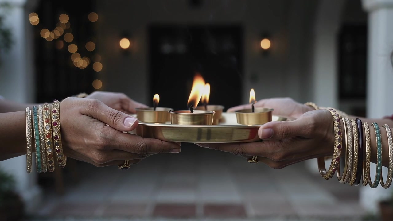 Holding brass thali, women supporting four lit diyas at home, ritual beginning, offering prayers