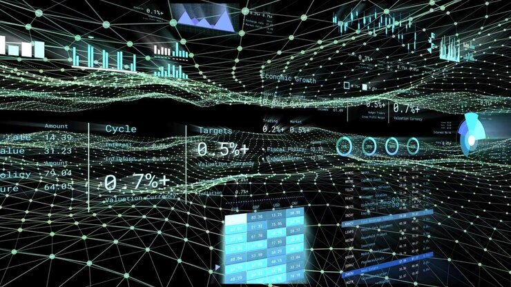 3D glow mesh animating with live data, rippling floor, shifting panels, updating analytics metrics
