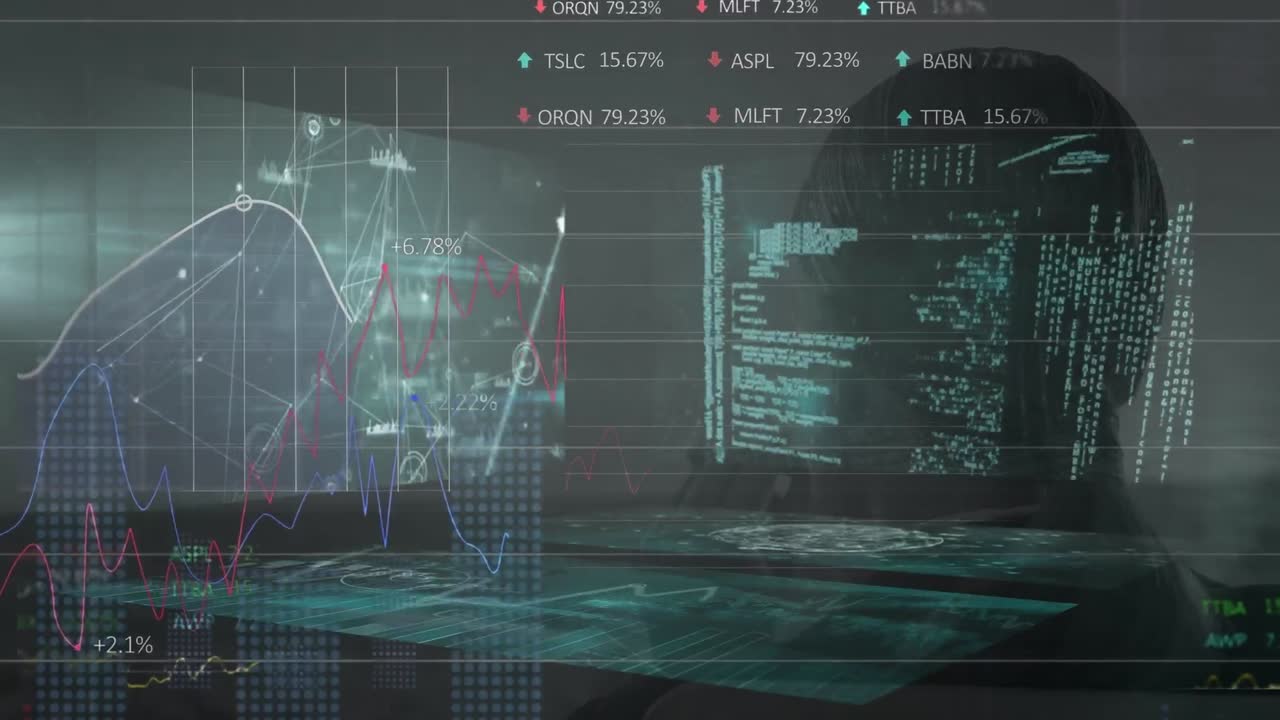Animation of data processing, graphs, financial data and head of caucasian man