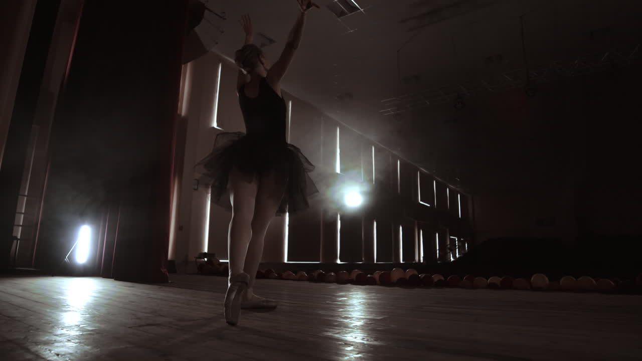 Arts and entertainment in theatre with female classic dancer in tutu standing behind the scenes and looking at stalls