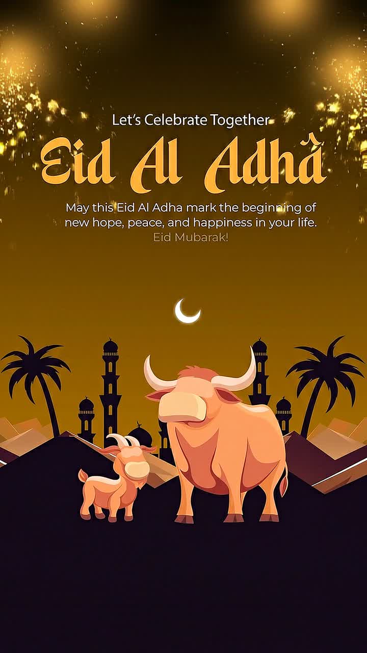 Illustrazione animata verticale del deserto per Eid al-Adha con mucca e vitello, skyline di moschee, palme, luna crescente e cielo stellato.