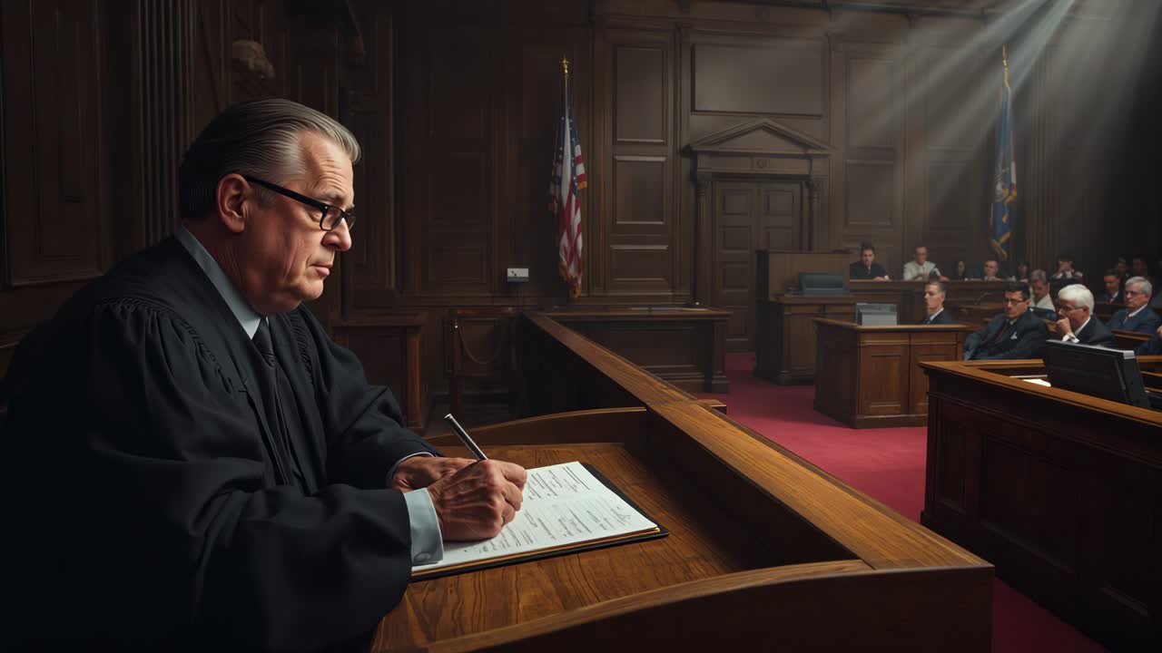 Signing senior judge writing at bench after docket placed, holding pen, wearing black robe, glasses