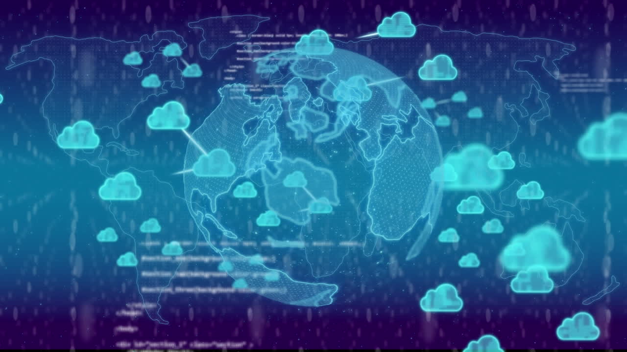 animación de iconos de nubes, globo y procesamiento de datos sobre fondo azul