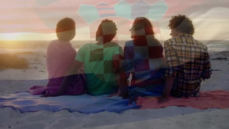 animación de ondear la bandera de croacia sobre un grupo de amigos divirtiéndose en la playa