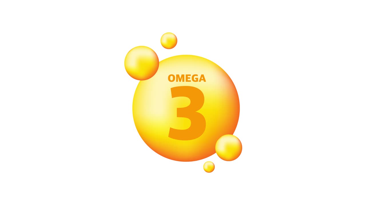 vitamina omega 3 con gota realista en el fondo gris. partículas de vitaminas en el medio. gráficos en movimiento.