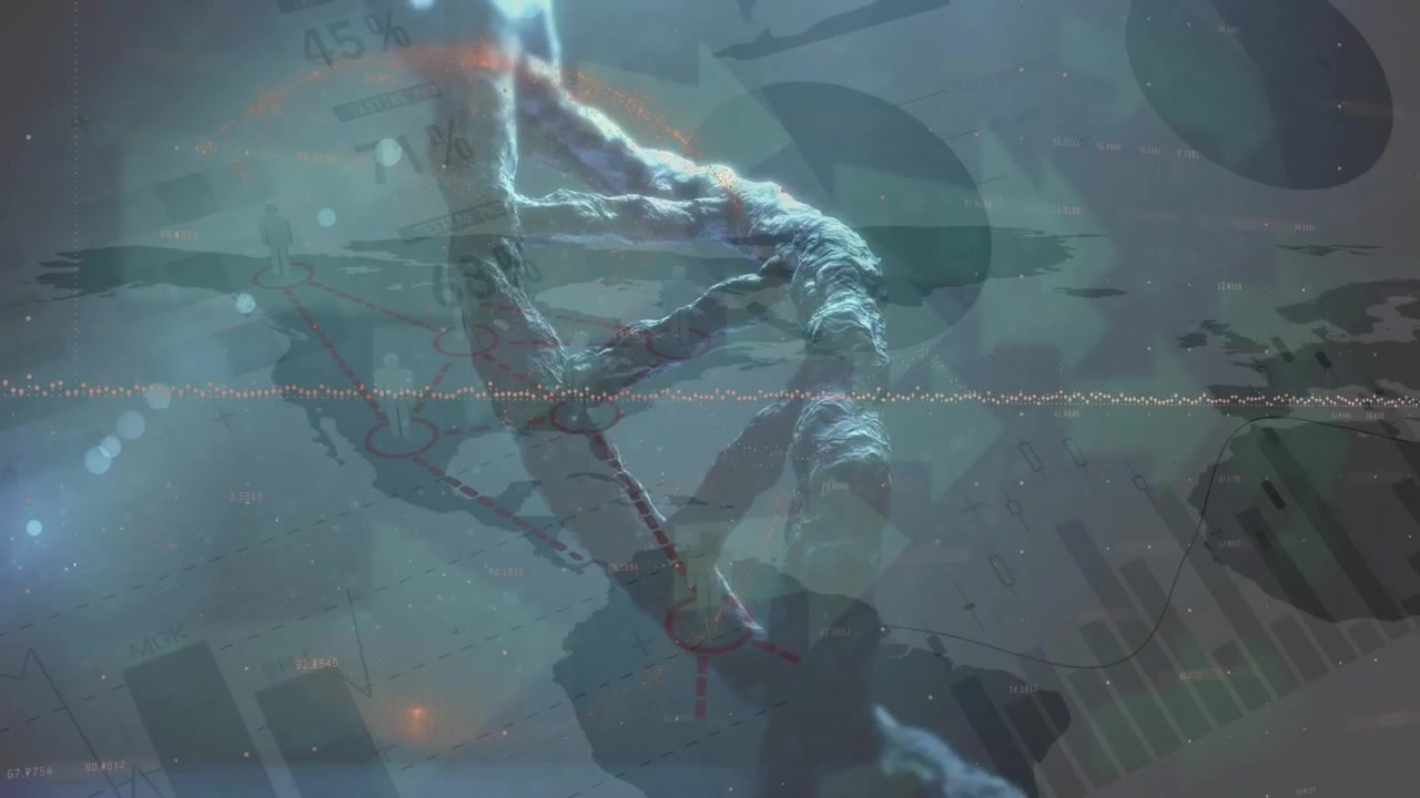 Animation of dna strand spinning and medical data processing over woman using colourful dna