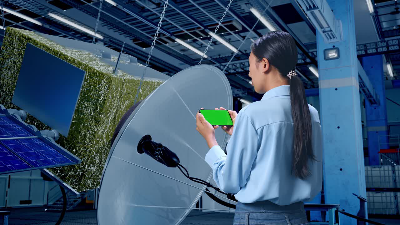 공장에서 위성 모델 앞에서 스마트폰을 사용하는 여성
