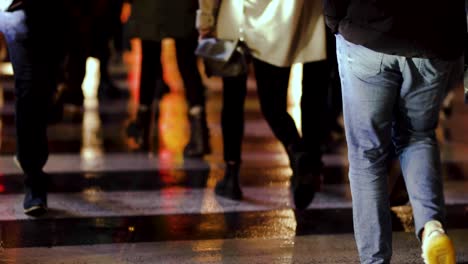 people crossing zebra crossing on a wet rainy day, people waking both sides, night, lights, niagara falls, canada