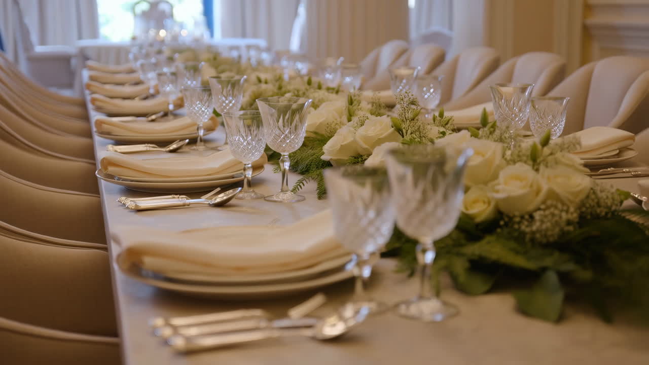 Elegant Formal Dining Table Setting with White Roses and Crystal Glasses