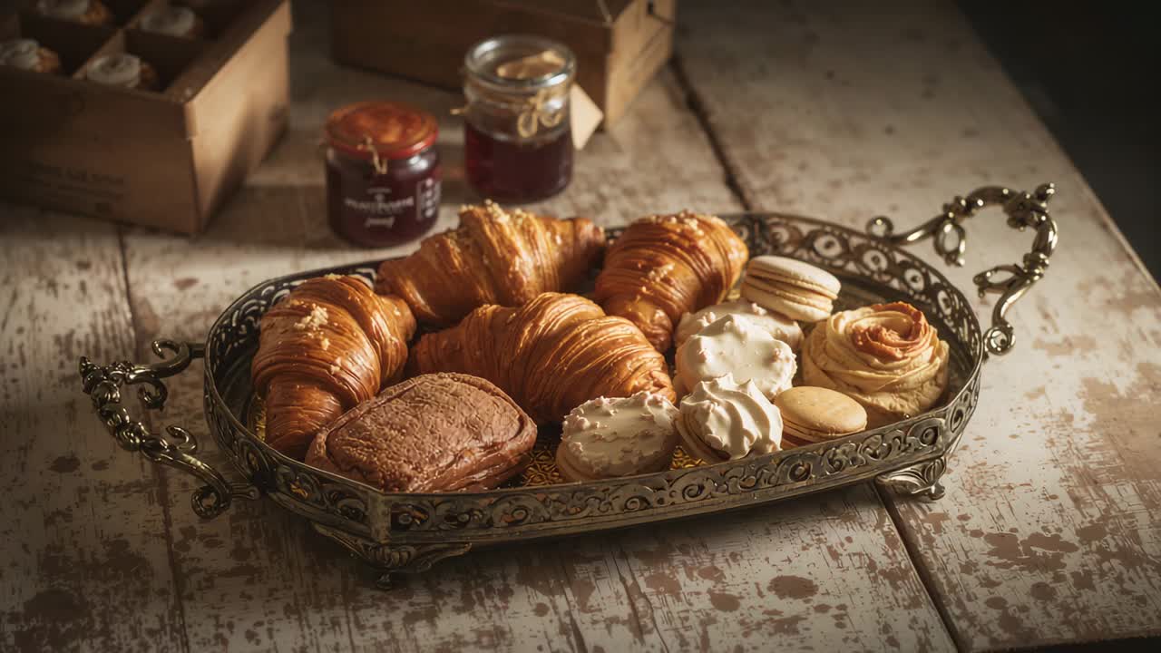 Dollying in, camera capturing ornate metal tray at rustic tabletop, showing croissant layers