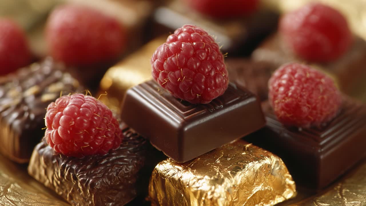 Indulgent Delight: A Scrumptious Arrangement of Dark Chocolates Topped with Fresh Raspberries, Perfectly Complementing Each Other in a Luxurious Presentation