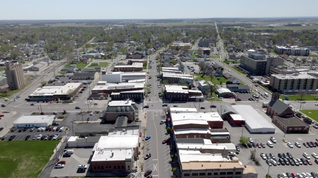 Downtown Seymour, Indiana with drone video moving in.