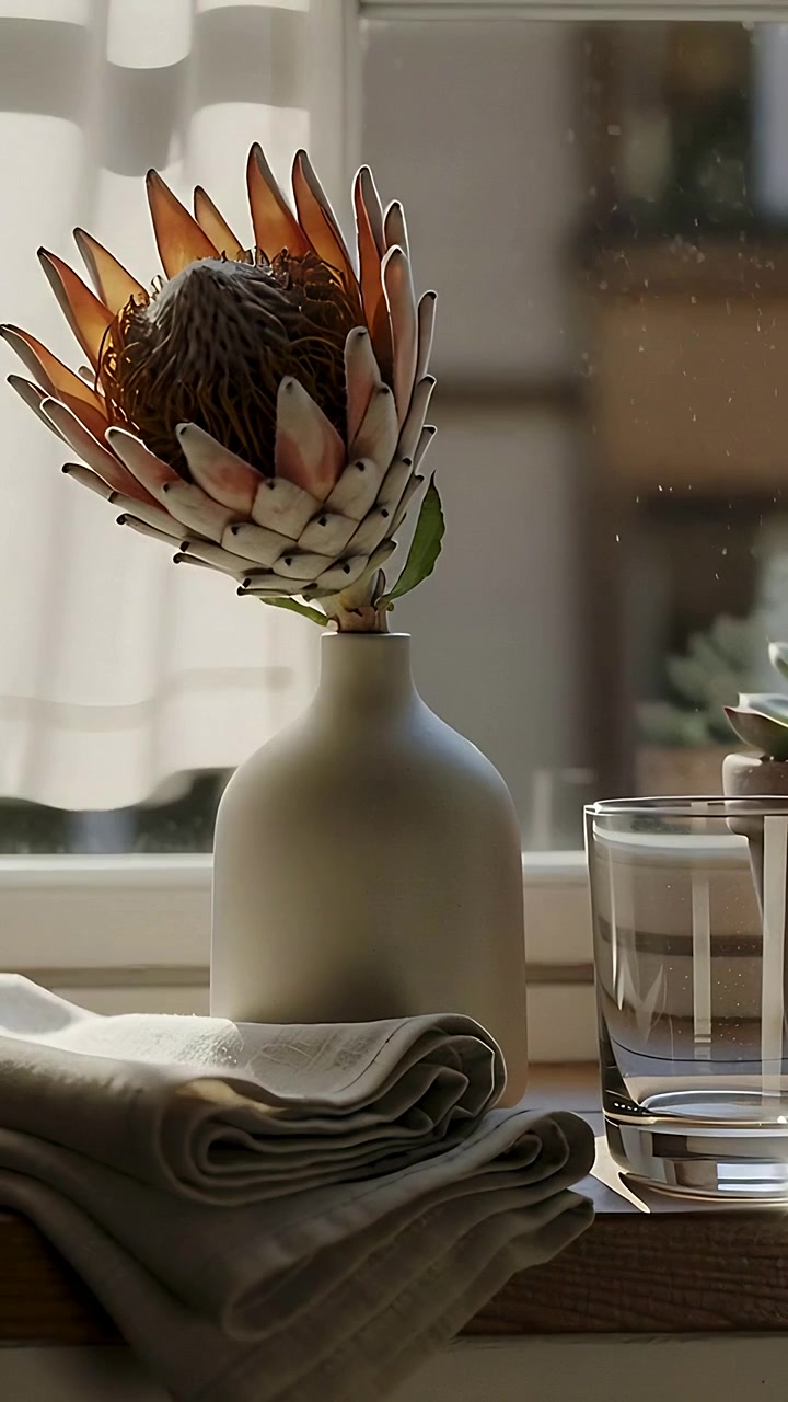 Vertical video: Shifting camera revealing protea flower in vase on windowsill, showing dust motes