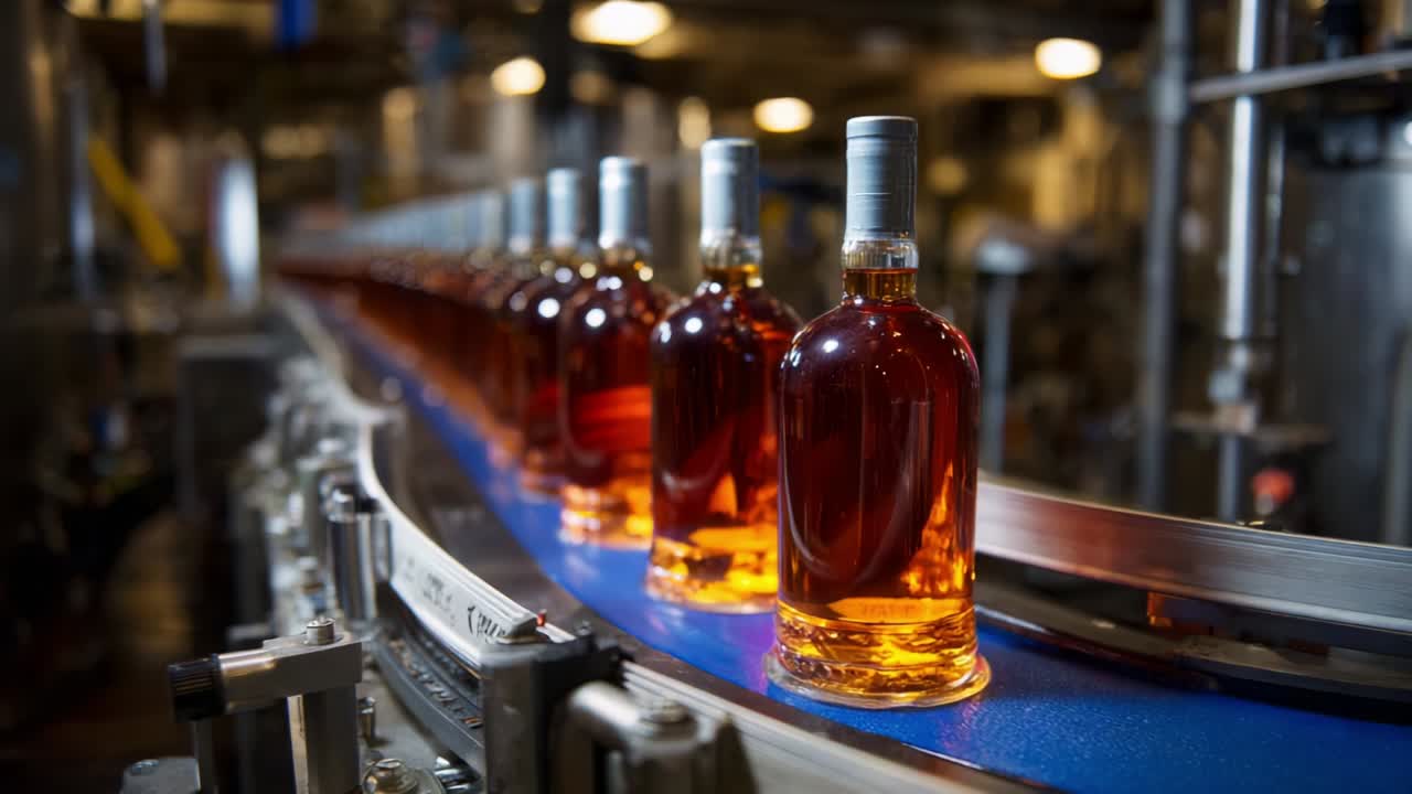 Um vislumbre do processo de engarrafamento da produção de bebidas Premium, apresentando fileiras de luxuosas garrafas âmbar que transmitem qualidade e habilidade artesanal em um ambiente de alta tecnologia