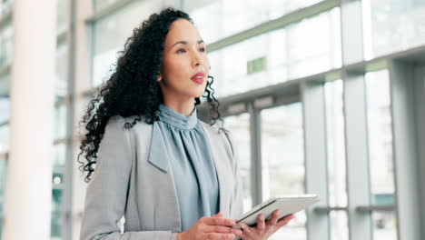 thinking, business woman and tablet in office