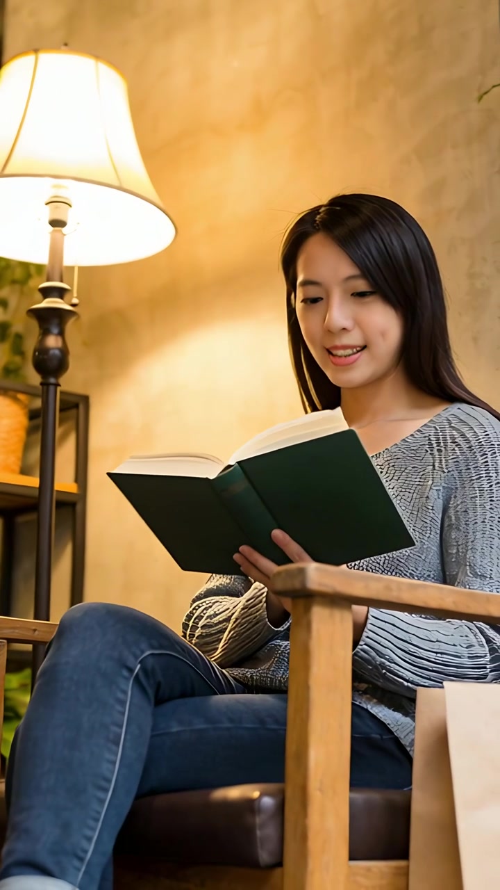 Vertical video: Opening green book, woman in sweater turning, glancing, resuming reading by lamp