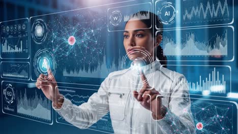 a futuristic professional interacting with advanced ai technology and data visualizations in a high-tech environment, showcasing innovation and digital interaction