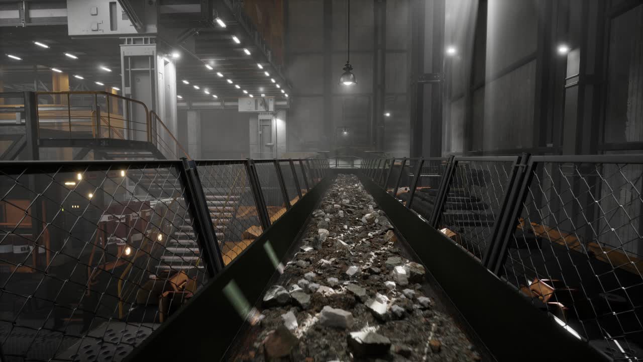 Transportation Of Copper Ore Carried Out In The Factory. Mining Industrial Conveyor At Ore Processing Factory