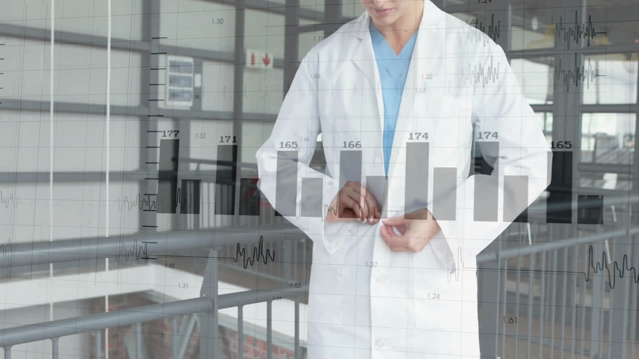 Animation of data processing over caucasian female doctor wearing lab coat in hospital
