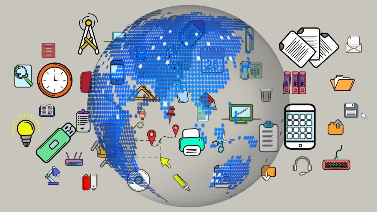 베이지색 배경에 전 세계 다양한 비즈니스 아이콘의 애니메이션