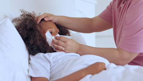 sick, hands and girl child with tissue to wipe