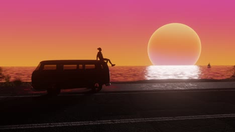 silhouette of a woman sitting on the roof of an old style minivan, sunset on a tropical island. 3d synthwave animated background. seamless loop.