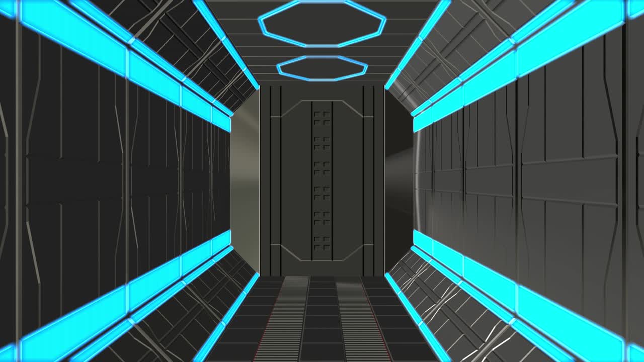 Endless corridor. Futuristic space gate design. 3D video, 4k animation. Spaceship from the inside in space. Universe of the future. Opening the gateway. Can be used for advertising