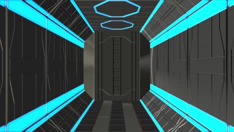 corredor sin fin. diseño de puerta espacial futurista. video 3d, animación 4k. nave espacial desde el interior en el espacio. universo del futuro. apertura de la puerta. se puede usar para publicidad
