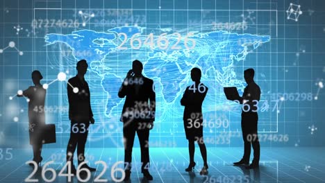 animation of data processing and molecules over businesspeople and world map
