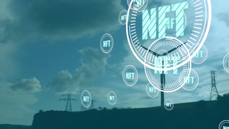 animación de iconos de nft sobre líneas eléctricas aéreas