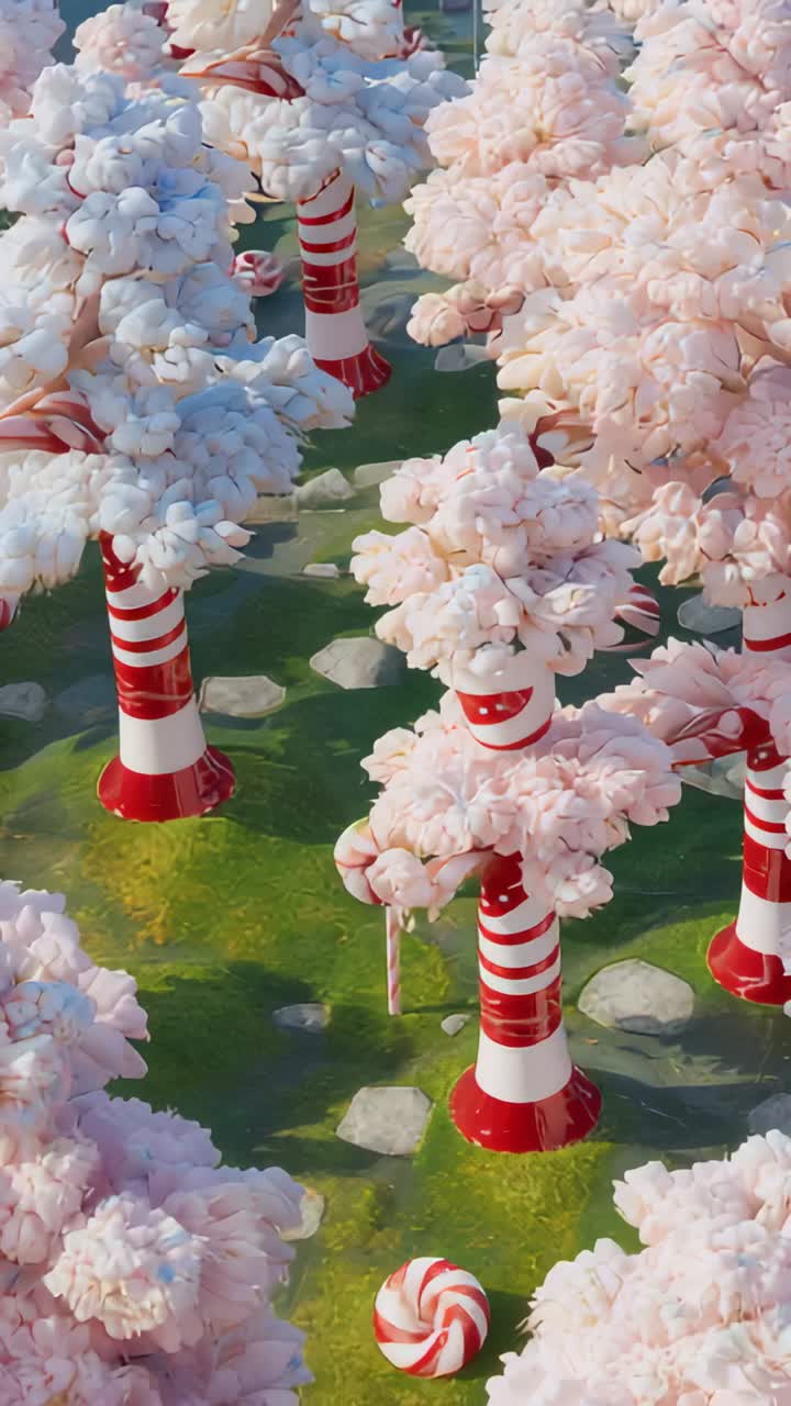 Video verticale: la camera esegue una panoramica sui tronchi a righe e sulle chiome rosa nel boschetto di caramelle, mostrando le texture